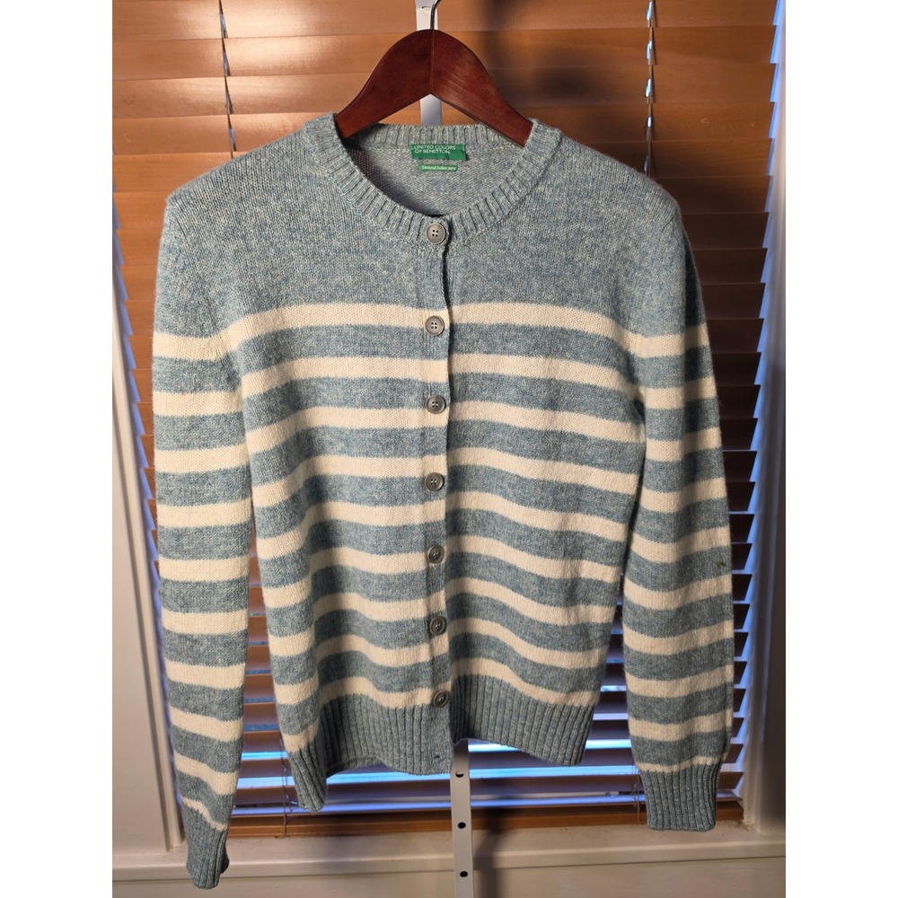 United Colors of Benetton Shetland Italian Yarn Striped Cardigan Blue White